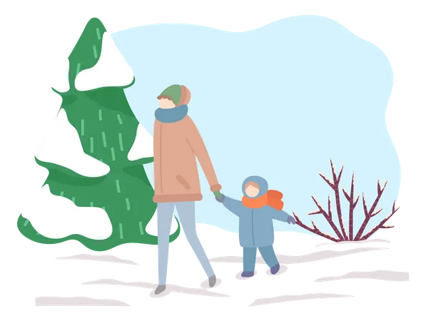 Mãe andando com a filha no inverno  Ilustração