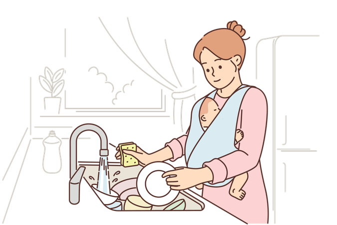 Mãe carinhosa lava pratos e segura o bebê  Ilustração