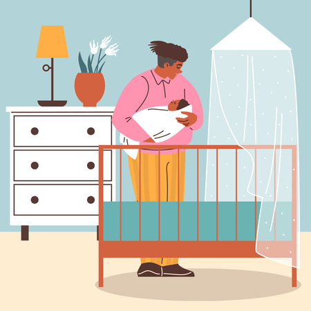 Mãe colocando o bebê para dormir na cama  Ilustração