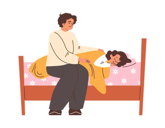 Mãe colocando a filha para dormir na cama  Ilustração
