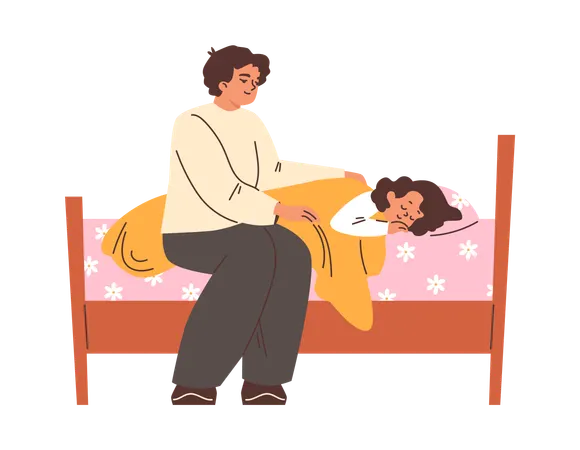 Mãe colocando a filha para dormir na cama  Ilustração