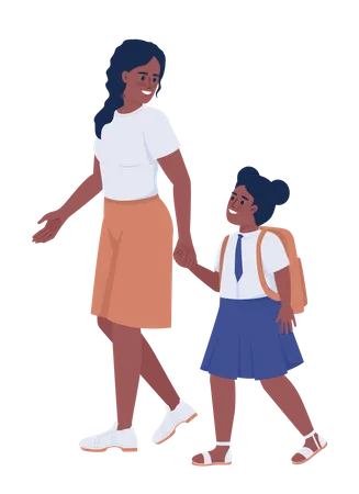 Mãe com aluna da primeira série em uniforme escolar  Ilustração