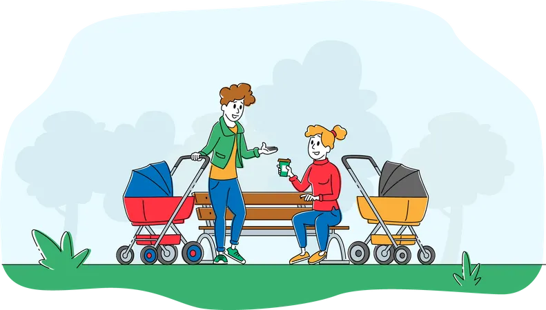 Mãe com carrinho de bebê encontrando amigos  Ilustração