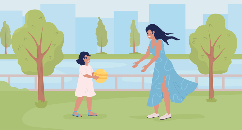Mãe com filha aproveitando o tempo à beira-mar  Ilustração