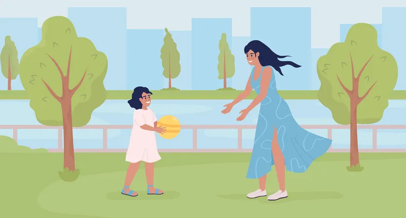 Mãe com filha aproveitando o tempo à beira-mar  Ilustração