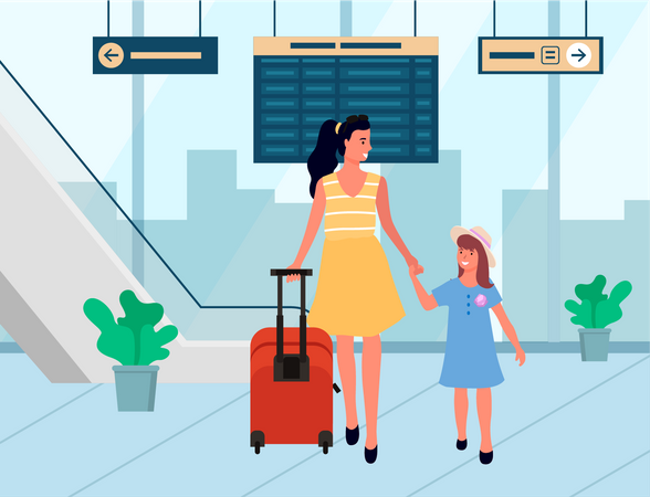 Mãe com filha no aeroporto  Ilustração