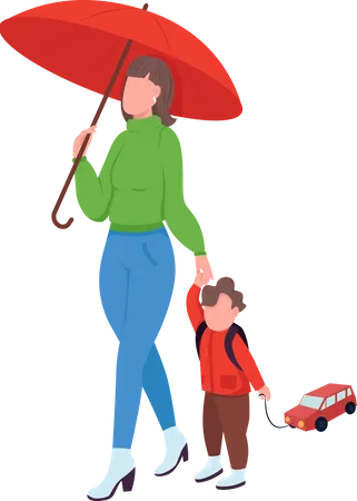 Mãe com filho caminhando na chuva  Ilustração