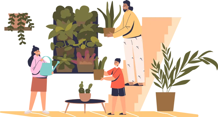 Mãe com filhos cuidando de plantas caseiras  Ilustração