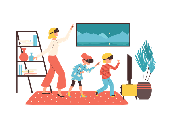 Mãe com filhos joga videogame VR  Ilustração