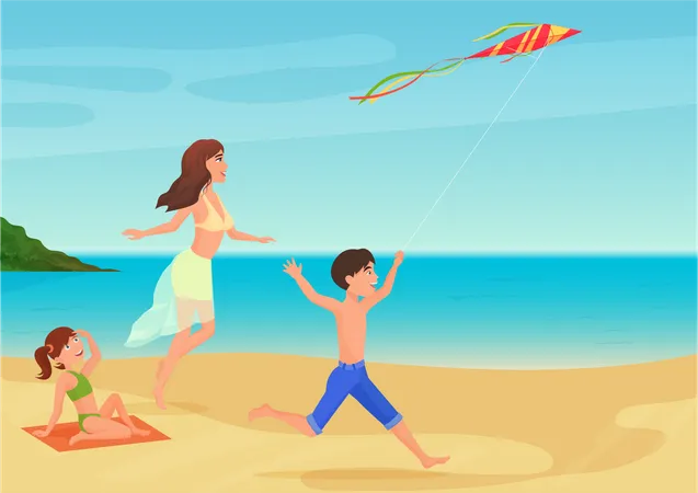 Mãe com filhos na praia  Ilustração