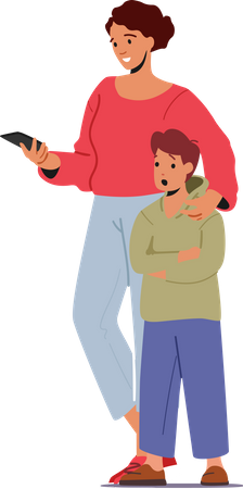 Mãe com smartphone colocando a mão no ombro da criança  Ilustração