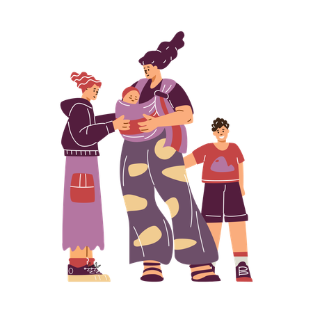 Mãe com um bebê recém-nascido em um canguru.  Ilustração