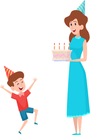 Mãe comemorando aniversário do filho com bolo  Ilustração