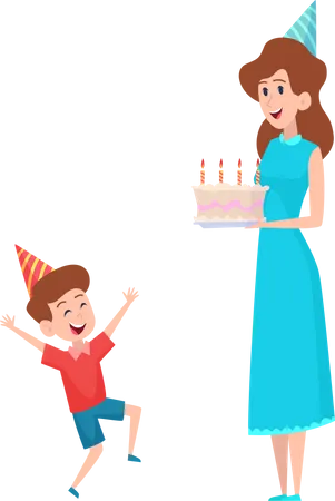 Mãe comemorando aniversário do filho com bolo  Ilustração