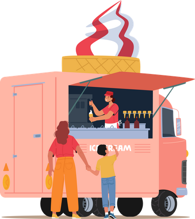 Mãe comprando sorvete para o filho na van de sorvete  Ilustração