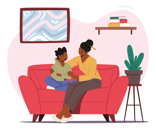 Mãe consolando criança sentada no sofá na sala de estar  Ilustração