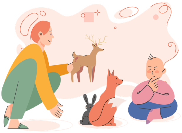 Mãe conta ao filho sobre animais  Ilustração
