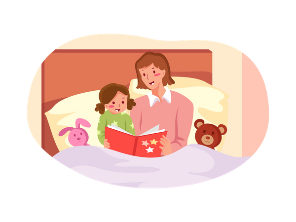 Mãe contando uma história antes de dormir para seu filho  Ilustração