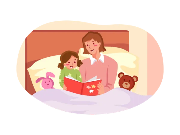 Mãe contando uma história antes de dormir para seu filho  Ilustração