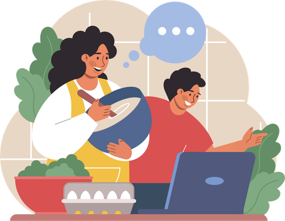 Mãe cozinha com receita online  Ilustração