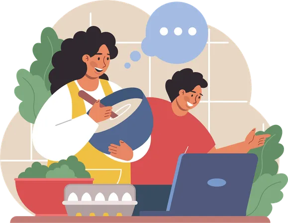 Mãe cozinha com receita online  Ilustração