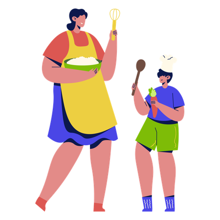 Mãe cozinhando com criança  Ilustração