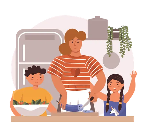 Mãe cozinhando comida com crianças  Ilustração