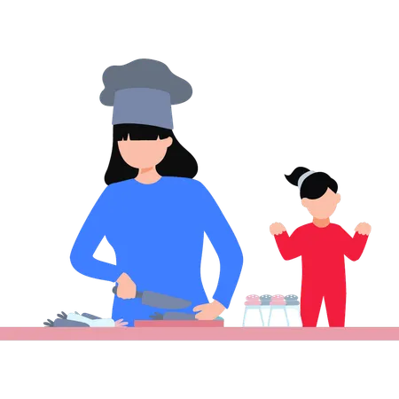 Mãe cozinhando para menina  Ilustração