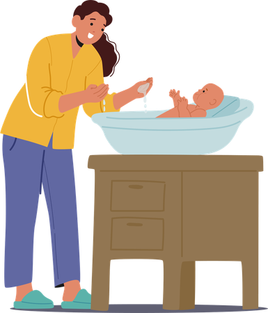 Mãe cuida do bebê durante o banho em casa  Ilustração