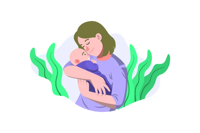 Mãe cuidando do bebê recém-nascido  Ilustração