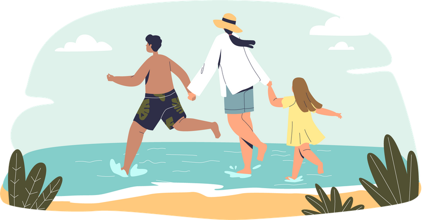Mãe curtindo praia com crianças  Ilustração