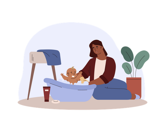 Mãe dando banho em bebê recém-nascido na banheira  Ilustração