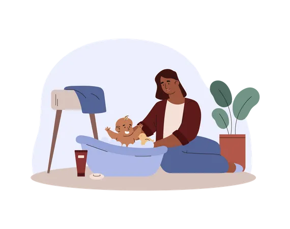 Mãe dando banho em bebê recém-nascido na banheira  Ilustração