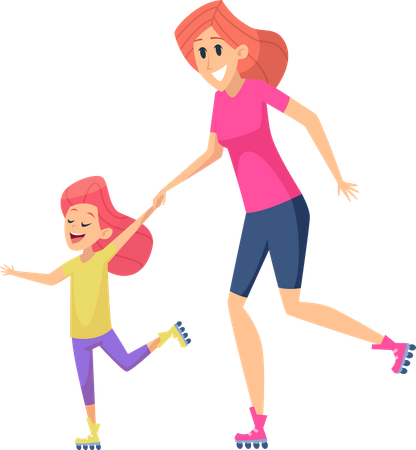 Mãe e filha andando de patins  Ilustração