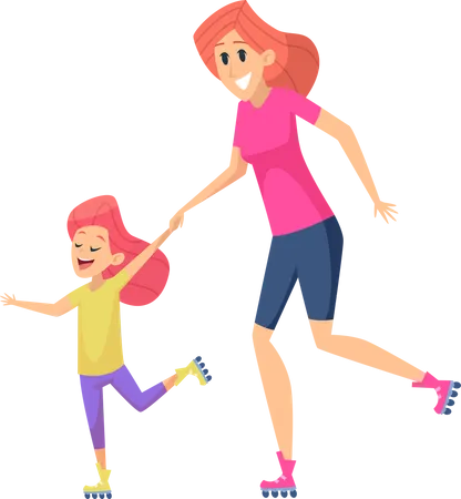 Mãe e filha andando de patins  Ilustração