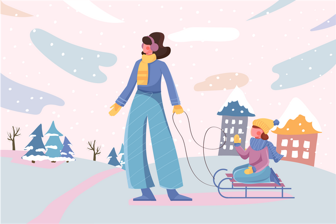 Mãe e filha andando de trenó na cidade e queda de neve  Ilustração