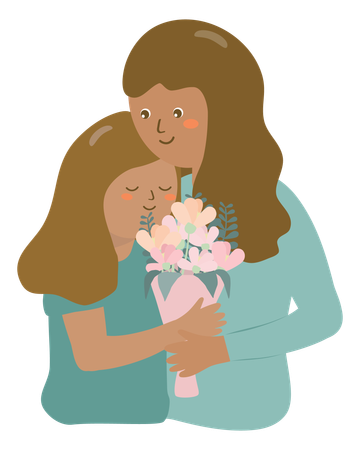 Mãe e filha com buquê de flores  Ilustração