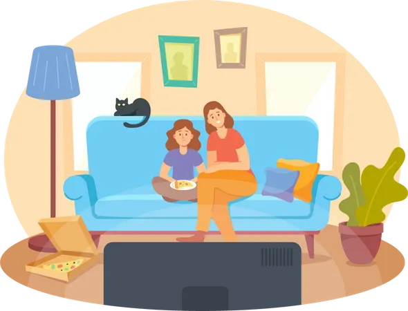 Mãe e filha com pizza e gato sentados no sofá assistindo filme  Ilustração