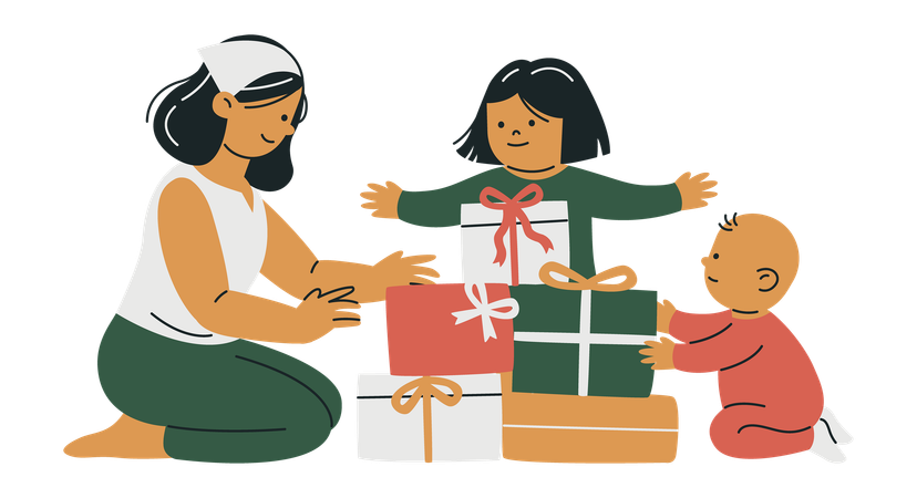 Mãe e filha compartilhando presentes de Natal  Ilustração