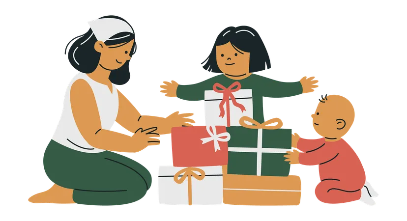 Mãe e filha compartilhando presentes de Natal  Ilustração