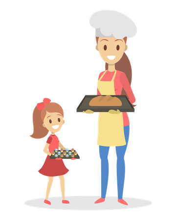 Mãe e filha cozinhando em casa Padaria caseira  Ilustração