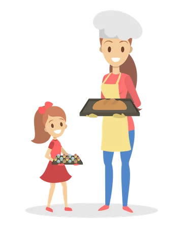 Mãe e filha cozinhando em casa Padaria caseira  Ilustração