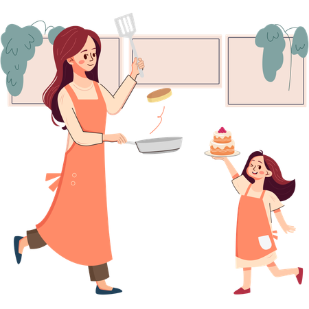 Mãe e filha cozinhando juntas  Ilustração