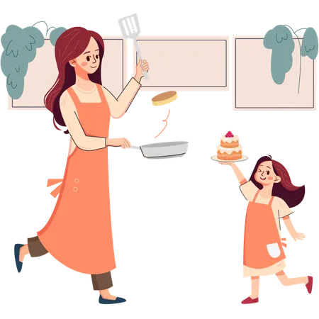 Mãe e filha cozinhando juntas  Ilustração