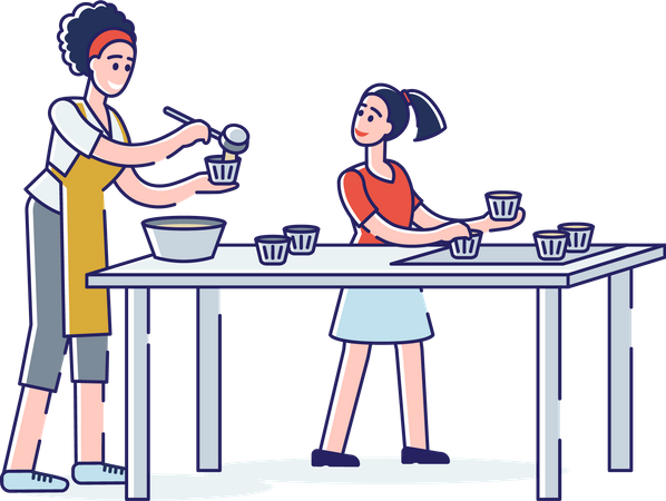 Mãe e filha cozinhando juntas  Ilustração