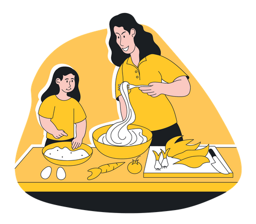 Mãe e filha cozinhando juntas em casa  Ilustração