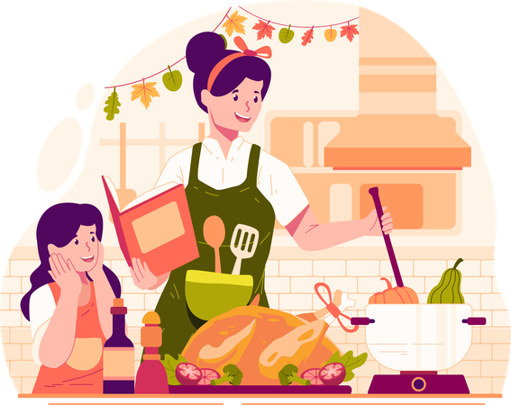 Mãe e filha cozinhando pratos e peru na cozinha para a festa de Ação de Graças  Ilustração