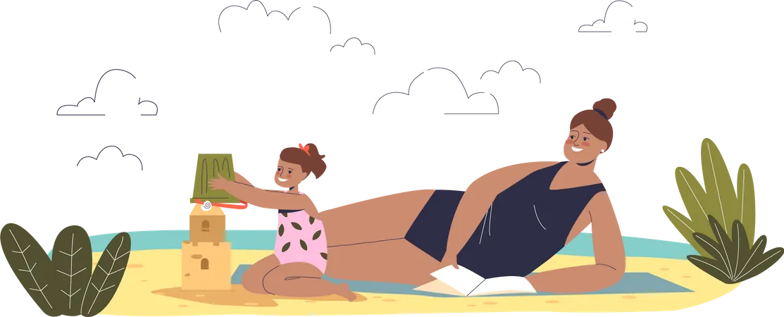 Mãe e filha aproveitando a praia de verão  Ilustração