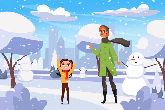 Mãe e filha aproveitando o inverno  Ilustração