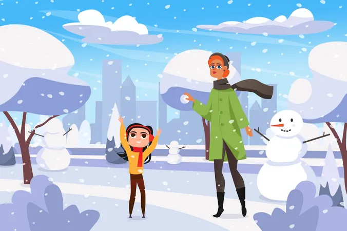 Mãe e filha aproveitando o inverno  Ilustração